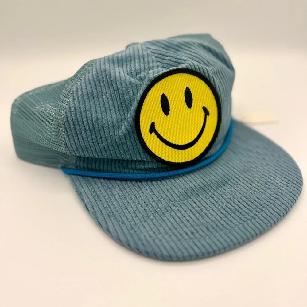 Aviator Nation Blue Corduroy Trucker Hat with Yellow Smiley Patch